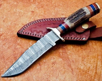 Cuchillo de acero de Damasco forjado a mano con funda de cuero, regalos para él, regalos para hombres, regalos para papá, regalos para padre