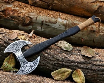 Hand Forged Double Axe With Leather Sheath, Viking Axe, Battle Axe,Gifts For Father, Gifts For Son, Gifts For Him, Christmas Gift's..