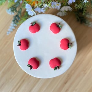 May include: A circular white cake adorned with six red apple decorations. Each apple has a green leaf and a brown stem. The cake is the focal point, with a blurred floral arrangement in the background.
