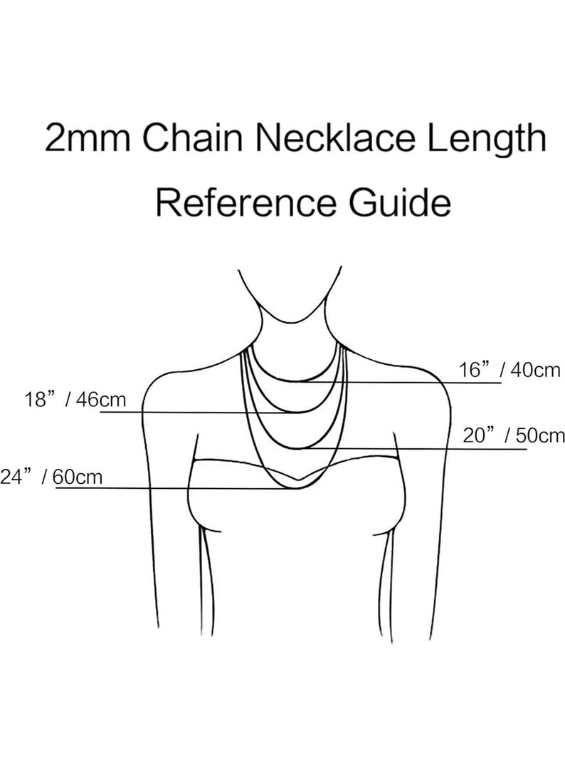 K&ouml;nnte beinhalten: Eine Referenz f&uuml;r die L&auml;ngen von 2mm-Kettenhalsketten. Die Abbildung zeigt eine Frau mit Halsketten in verschiedenen L&auml;ngen: 40 cm, 46 cm, 50 cm und 60 cm.