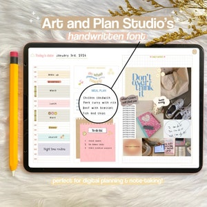 May include: A digital planner app on a tablet screen with a handwritten font. The screen shows a daily planner with a meal plan, to-do list, and motivational quotes. The app is ideal for digital planning and note-taking.