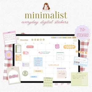 以下が含まれることがあります： 12月のカレンダーが付いたデジタルプランナーで、"Good Things Take Time"、"Grateful"、"Holidays"、"Pay Day"などのテキストが書かれたカラフルなステッカーが多数含まれています。このセットには350以上のステッカーが含まれています。