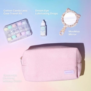 EyeCandys Colored Contact Lens Travel Kit Makeup Pouch Pink Cat Mirror Dream Lens Drops