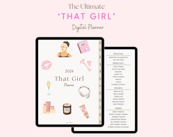 May include: A digital planner with a pink and white design. The planner is titled "That Girl" and features illustrations of a woman, a glass of champagne, a candle, and headphones. The planner includes sections for reflection, productivity, wellness, and finance.