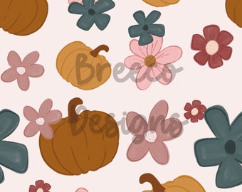 Retro Floral Pumpkin Seamless Pattern, Fall Fabric Print (Digital Download)