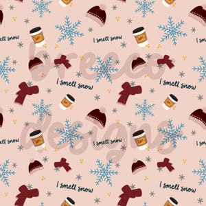 May include: A repeating pattern on a light pink background features winter elements. These include maroon beanies, scarves, coffee cups, blue snowflakes, and the text "I smell snow". Small gray snowflakes and yellow dots complete the design.