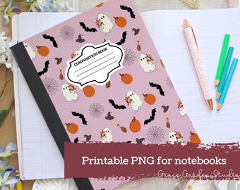 Cuaderno de composición imprimible PNG, cuaderno personal para la vuelta al cole, diario basura personalizado, cuaderno de ejercicios para niños, calabazas de Halloween, arte digital