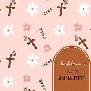 Christian Floral Seamless Pattern, Cross Seamless Pattern, PNG Digital download for digital papers, Religious Seamless Patterns