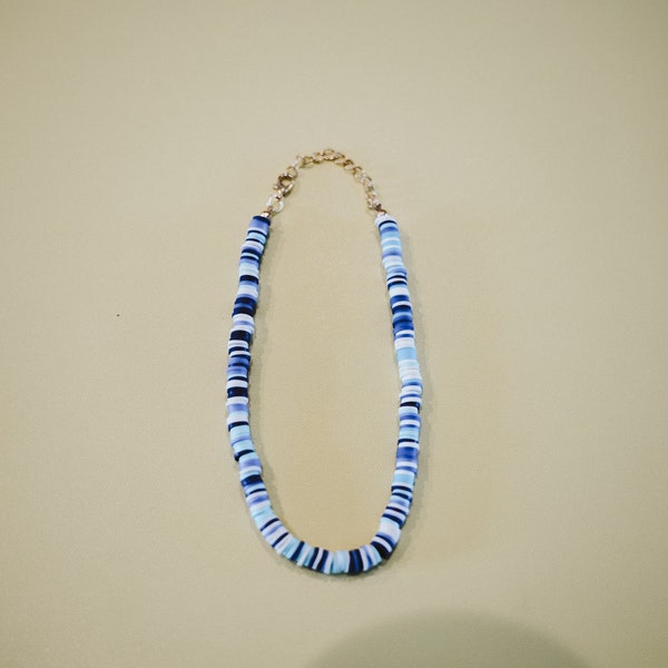 Bright Blue + White  Chunky Heishi Beaded Necklace- Heishi Beaded Beach Surfer Necklace