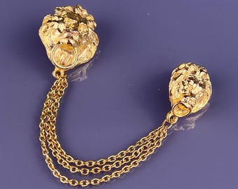 Lions Head Set Triple Cable Chain Tie Tack Reversspeld Goudkleurige Ringen Vintage