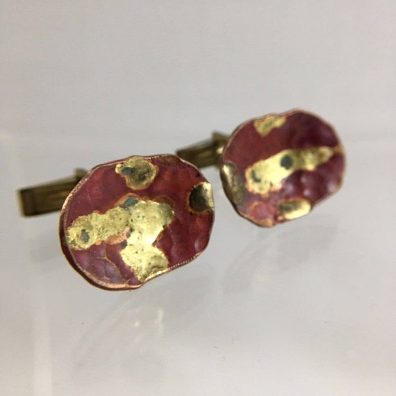 Copper Gold Shield Abstract Cufflinks Hammered Mo… - image 1