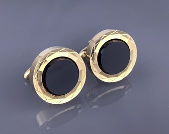 Round Black Obsidian Gold Tone Cufflinks Diamond Cut Edge Hickok Vintage