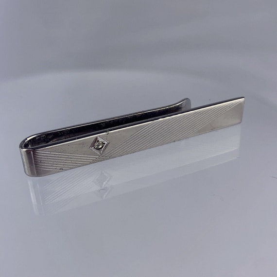Atomic Sterling Silver Tie Clip Bar Rhinestone Mi… - image 1