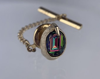 Watermelon Rivoli Rhinestone Tie Tack Pin Oval Modern MCM Swank Vintage