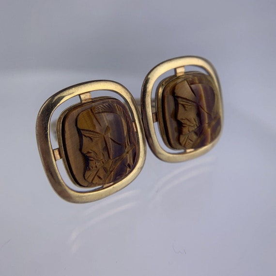 Paire De Boutons De Manchette Vintage Swank - Œil De Tigre Et Gladiateur - Or Rempli