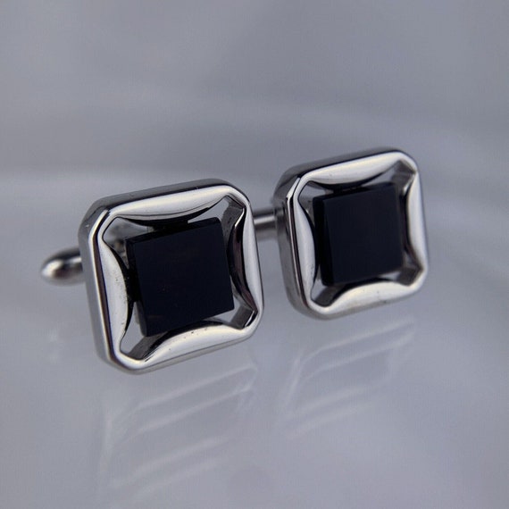 Black Obsidian White Gold Plated Cufflinks Square 