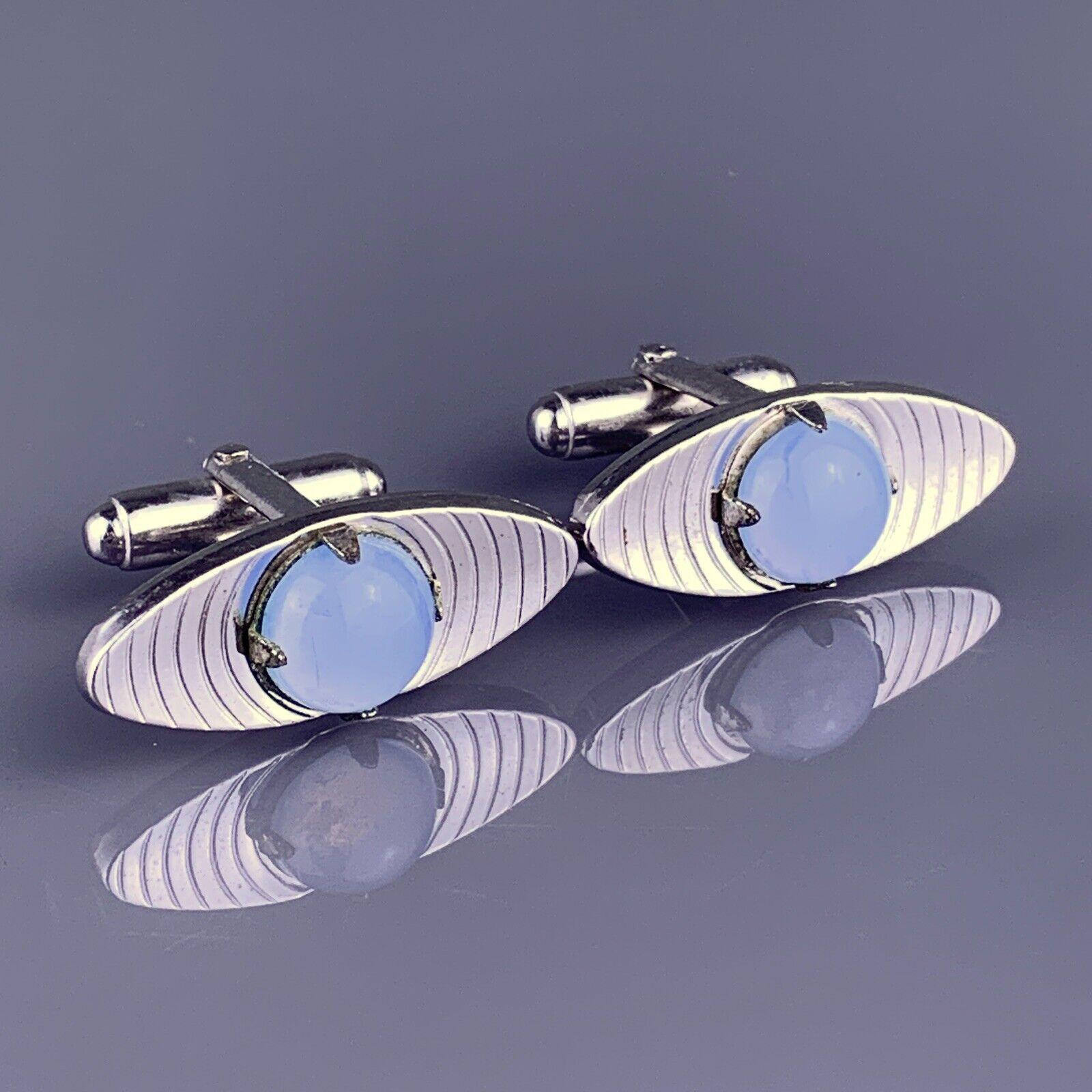 Boutons De Manchette Anson Art Déco - Ton Argenté Et Verre Bleu Cobalt - Vintage Pour Homme