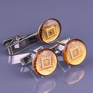 Domed Lucite Microchip Cufflinks Tie Clip Silver Tone Computer Chip MCM Vintage