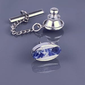 Blue White Sodalite Silver Tone Tie Tack Pin Oval Etched Vintage