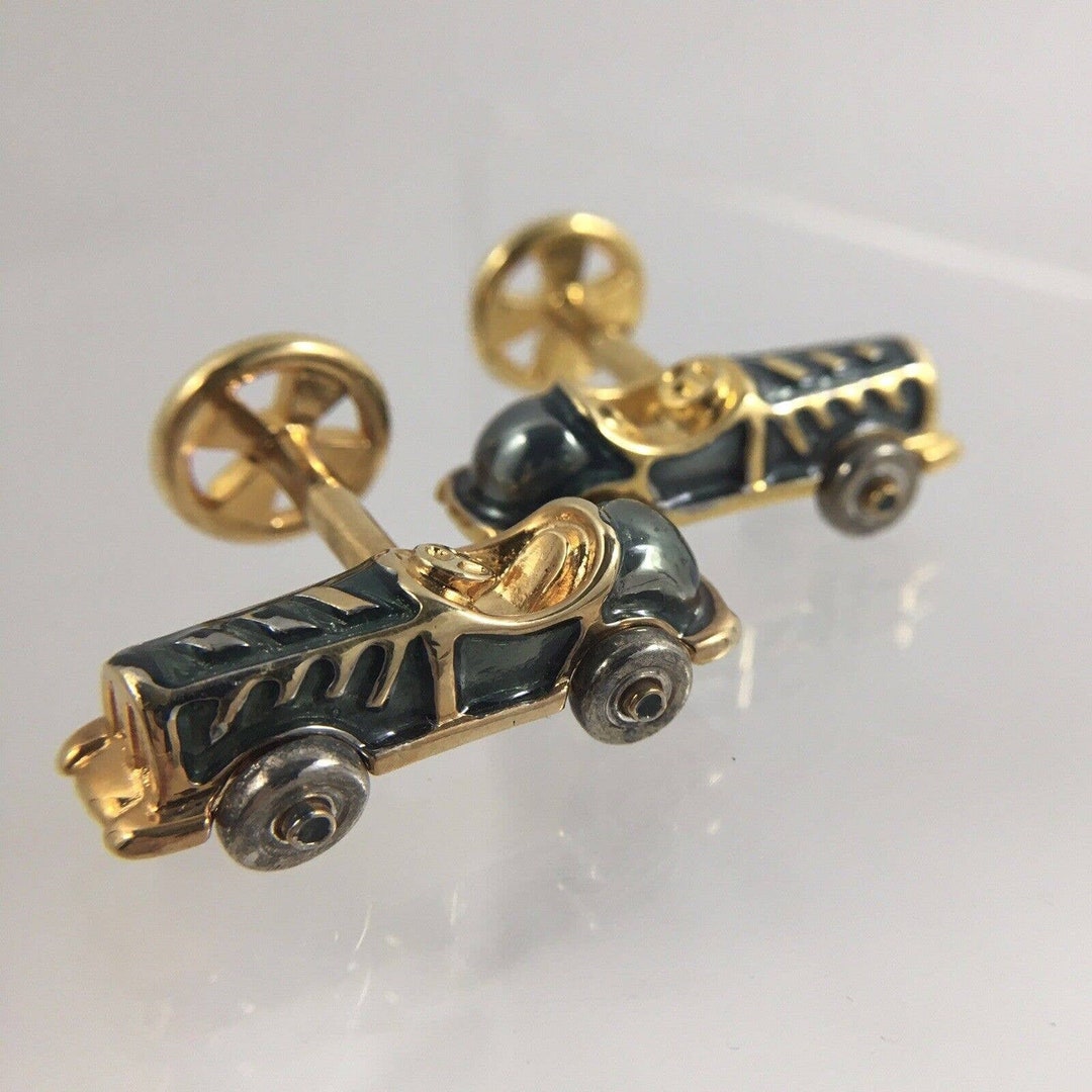 Antique Race Car Cufflinks 10k Gold Plated Green Translucent Enamel