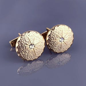 Round White Rhinestone Gold Tone Cufflinks Textured Mid Century Simple Vintage