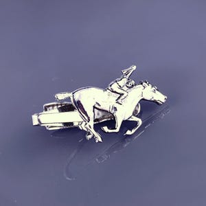 Galloping Horse Jockey Tie Clip Bar Silver Tone Racing Rider Pony Equestrian VTG