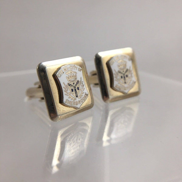 Sherbrooke Quebec Canada Cufflinks Gold Tone Enamel Coat Arms Flag Seal Vintage