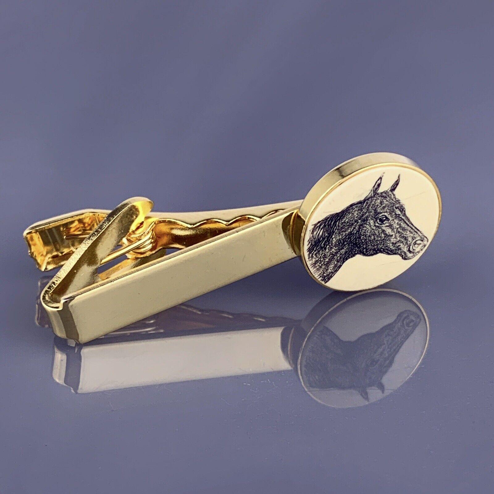 Etched Horse Head Tie Clip Bar Gold Plated Barlow Equestrian Race Right Vintage