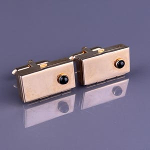 Black Onyx Cabochon Pill Box Cufflinks Gold Tone Snuff Polished Simple Swank VTG