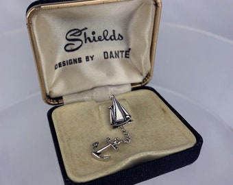 Sailboat Anchor Silver Tone Tie Tack Pin Yacht Ship Box NOS Shields Vintage
