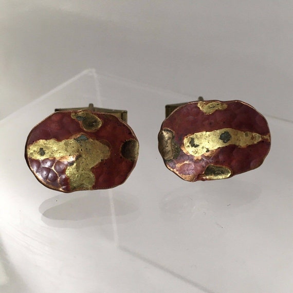 Copper Gold Shield Abstract Cufflinks Hammered Mo… - image 5