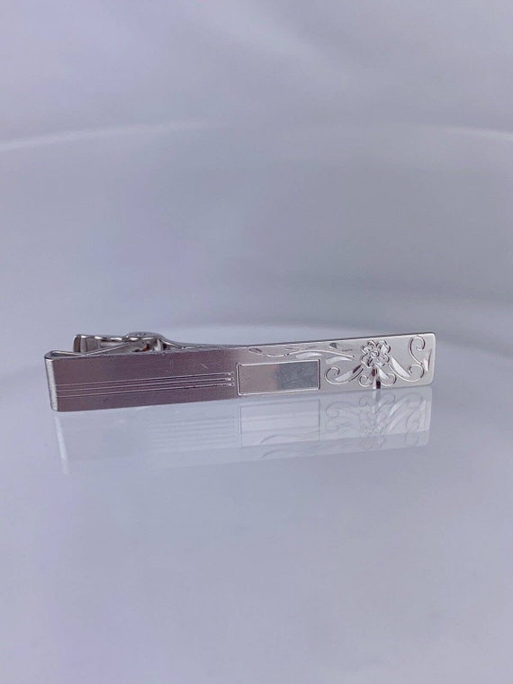 Flower Vine Silver Tone Tie Clip Bar Carved Anson… - image 5