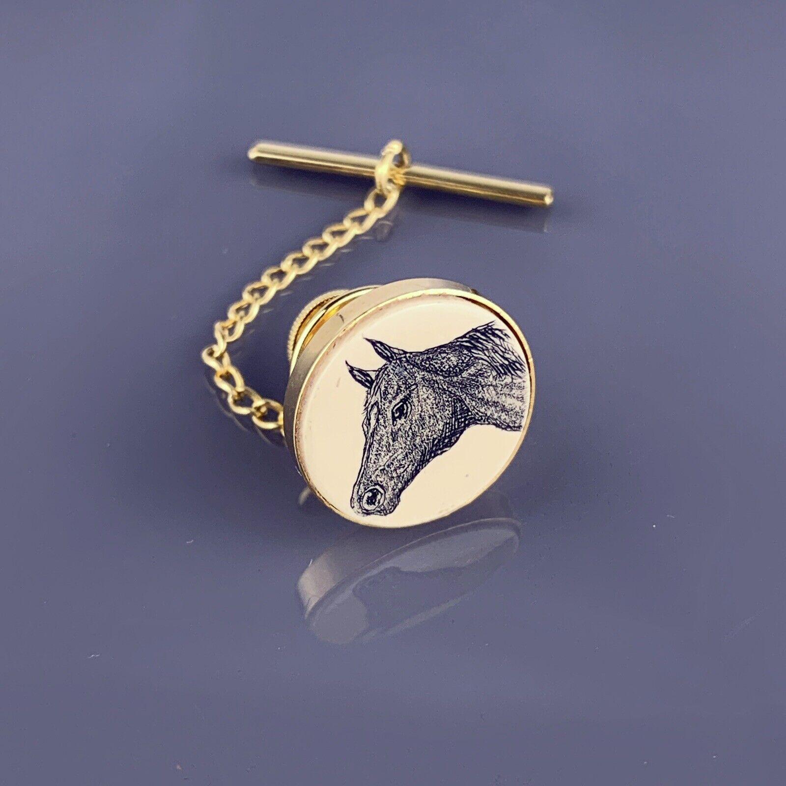 Etched Horse Head Tie Pin Tack Gold Plated Barlow Equestrian Race