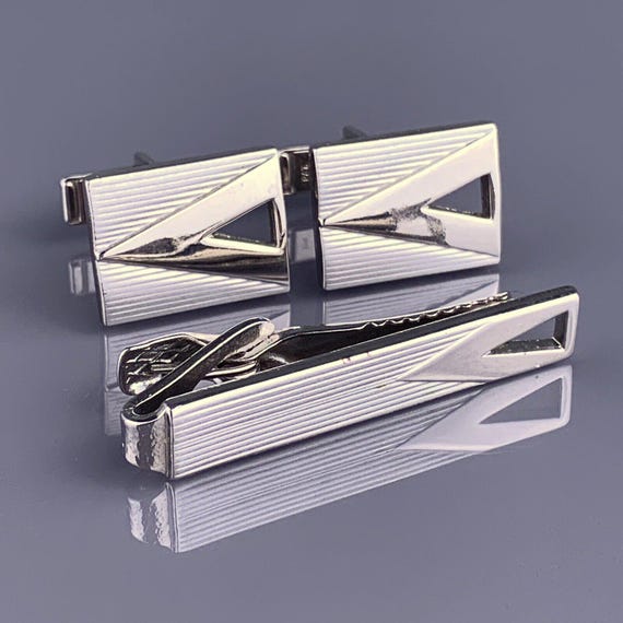 Modernist Open Triangle Lines Cufflinks Tie Clip … - image 1