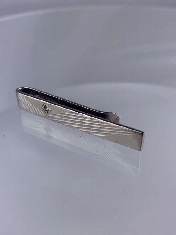 Atomic Sterling Silver Tie Clip Bar Rhinestone Mi… - image 5