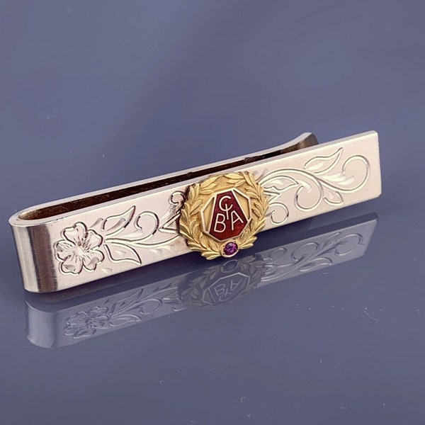 CIBA Pharmaceuticals Employee Service 14k Gold Badge Ruby 10k Plated Tie Clip