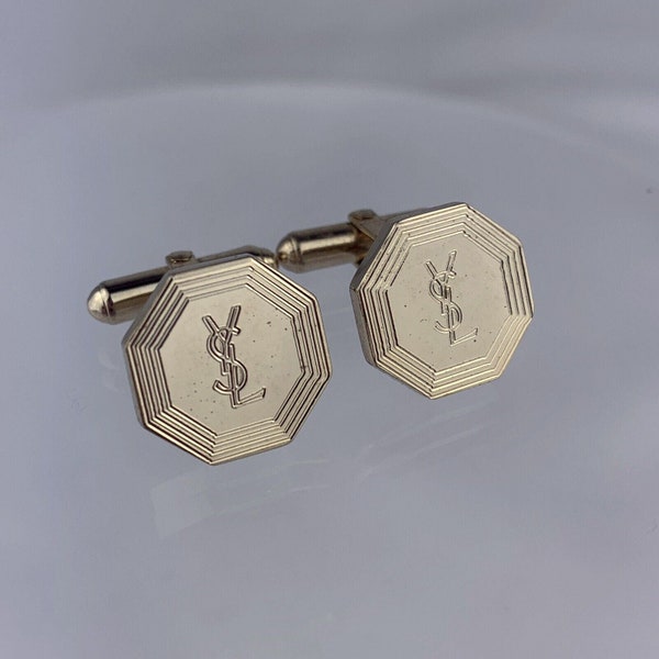 Yves Saint Laurent Cufflinks Gold Tone YSL Logo Octagon Polished Vintage