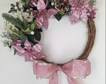Christmas Wreath, Grapevine Wreath, Pink Glitz, Handmade, Home Decor, Door Decor