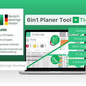 Könnte beinhalten: Ein grüner und weißer Laptop-Bildschirm zeigt eine Tabellenkalkulation mit einem grün-weißen Symbol einer Liste. Der Bildschirm zeigt eine To-Do-Liste mit einem Kalender und einem Gantt-Diagramm. Der Laptop befindet sich auf einem grünen Hintergrund mit dem Text "6in1 Planer Tool" und "THUB" in Weiß. Der Text "Features" ist in Schwarz mit einer Liste von Funktionen in Deutsch. Der Text "Sofortiger Download" ist in Schwarz mit einem Download-Symbol.