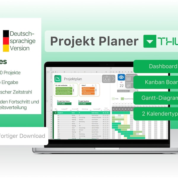 Projektmanagement-Vorlage Deutsch | Excel Projektplaner,Gantt-Diagramm,Kanban-Board,Aufgaben-Tracker,Projektleiter,Planer Tabelle,Kalender