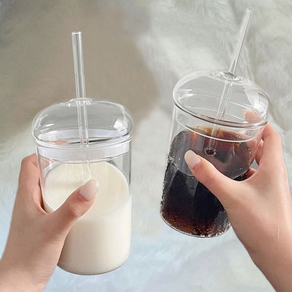 450ml, Transparent Dome Lid Glass Cup With Glass Straw, Cold Brew Coffee Cup, Summer Milkshake Cup, Bubble Tea Smoothie Tumbler, Home Decor