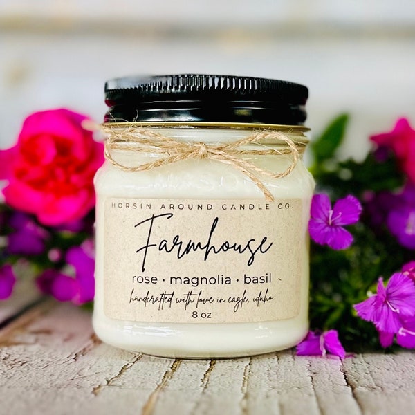 Farmhouse Mason Jar Candle - 8 oz - Handmade || 100% Soy Wax || Phthalate Free || Farmhouse Style Candle || Country Style Candle || Magnolia