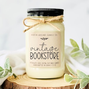 Vintage Bookstore Mason Jar Candle - 100% Soy Wax Candle - Clean Candle - Essential Oil Candle - Nontoxic Farmhouse Handmade Candle - 13 oz