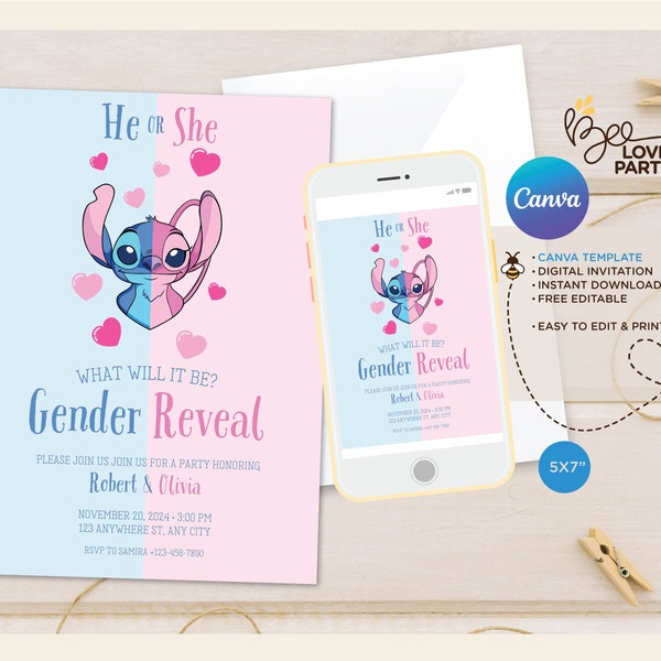 Stitch and Angel Gender Reveal Invitation, Stitch or angel, he or she, gender reveal party baby shower, Stitch Angel files Instant Download