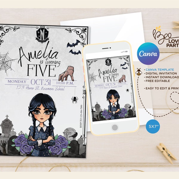 Wednesday Addams Birthday Invitation Template, Wednesday Digital Invitation, Wednesday Party, Kid Invite Girl, Addams Family invite