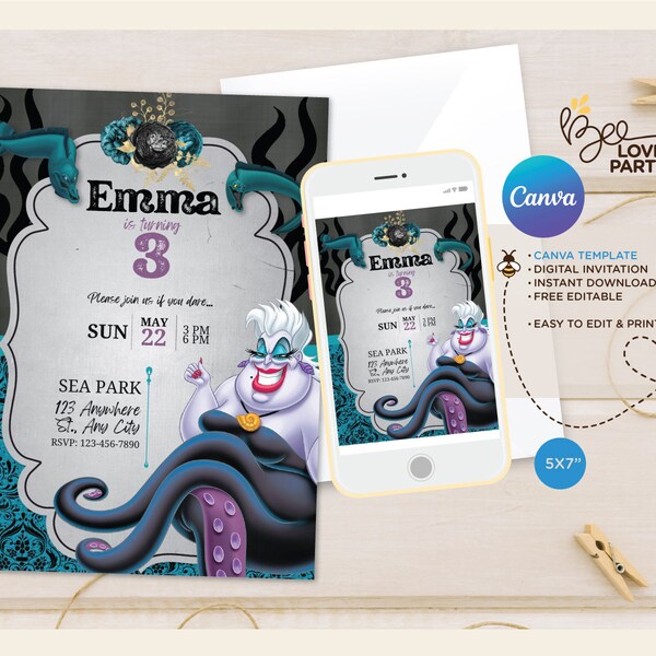 Ursula Villains Birthday Party Invitation, It's Good to be Bad Villains Party Invitation, Villains theme party, canva edit invitation