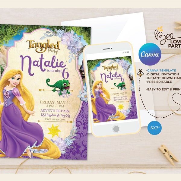 Princess Rapunzel Invitation, Tangled Birthday Invitation, Print or share 5x7", Instant Download Canva Template, rapunzel Invite party