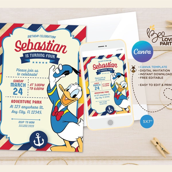 Donald Duck Birthday Invitation, Sailor invitation, Donald duck Invite, Digital Invitation Template, Instant Download, mouse friends party