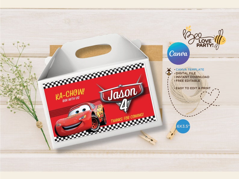 Cars Lightning Mcqueen Gable Box Labels Party Decoration, Printable Cars Gable Box Sticker, Cars ...