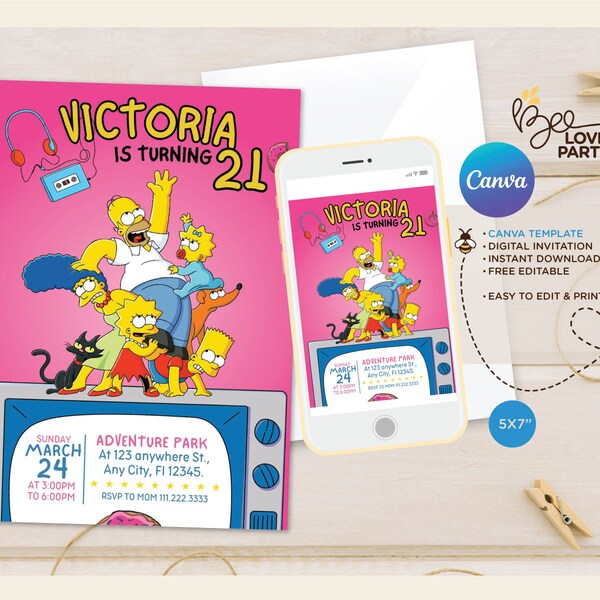 Modèle d'Invitation modifiable pour les filles d'anniversaire des Simpsons, invitations de fête d'anniversaire imprimables, modèle d'invitation numérique d'anniversaire, carte d'anniversaire d'invitation